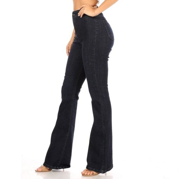High Waist Dark Blue Flare Bell Bottom Leg - Picture 2 of 4